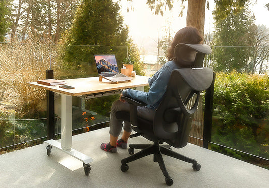 Scaun de birou ergonomic cu tetiera si un birou electric reglabil