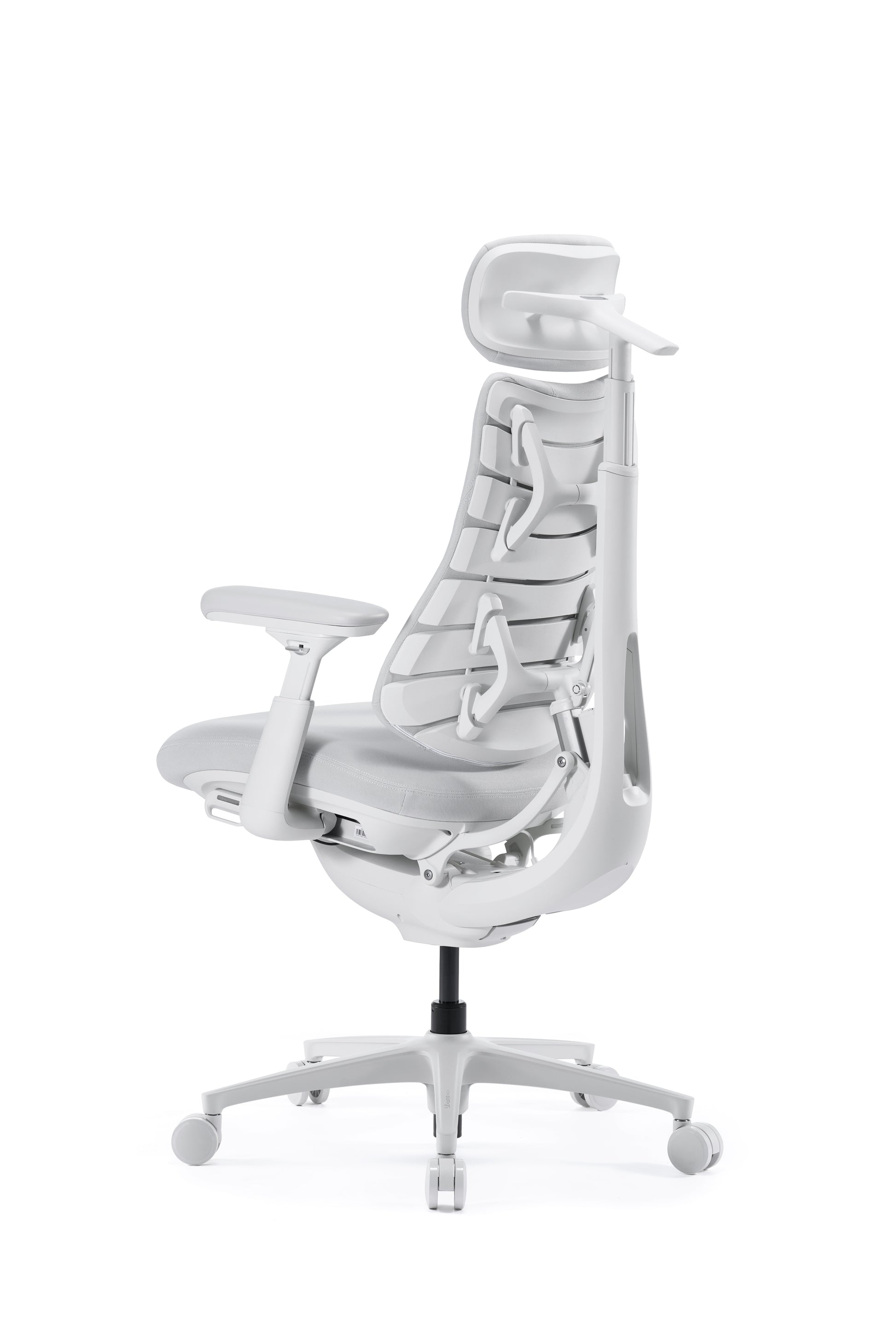Scaun de birou ergonomic LiberNovo Omni GEN Dynamic alb – detaliu brațe reglabile și mecanism