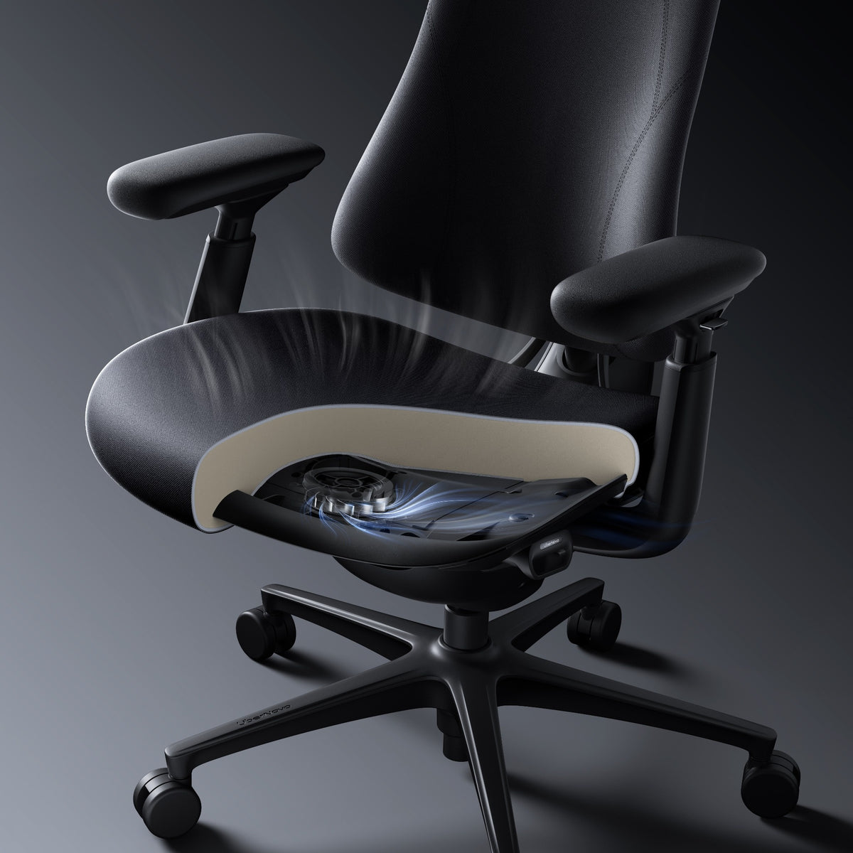 Scaun de birou ergonomic LiberNovo Omni PRO Dynamic negru – detaliu sezut cu ventilatie activa