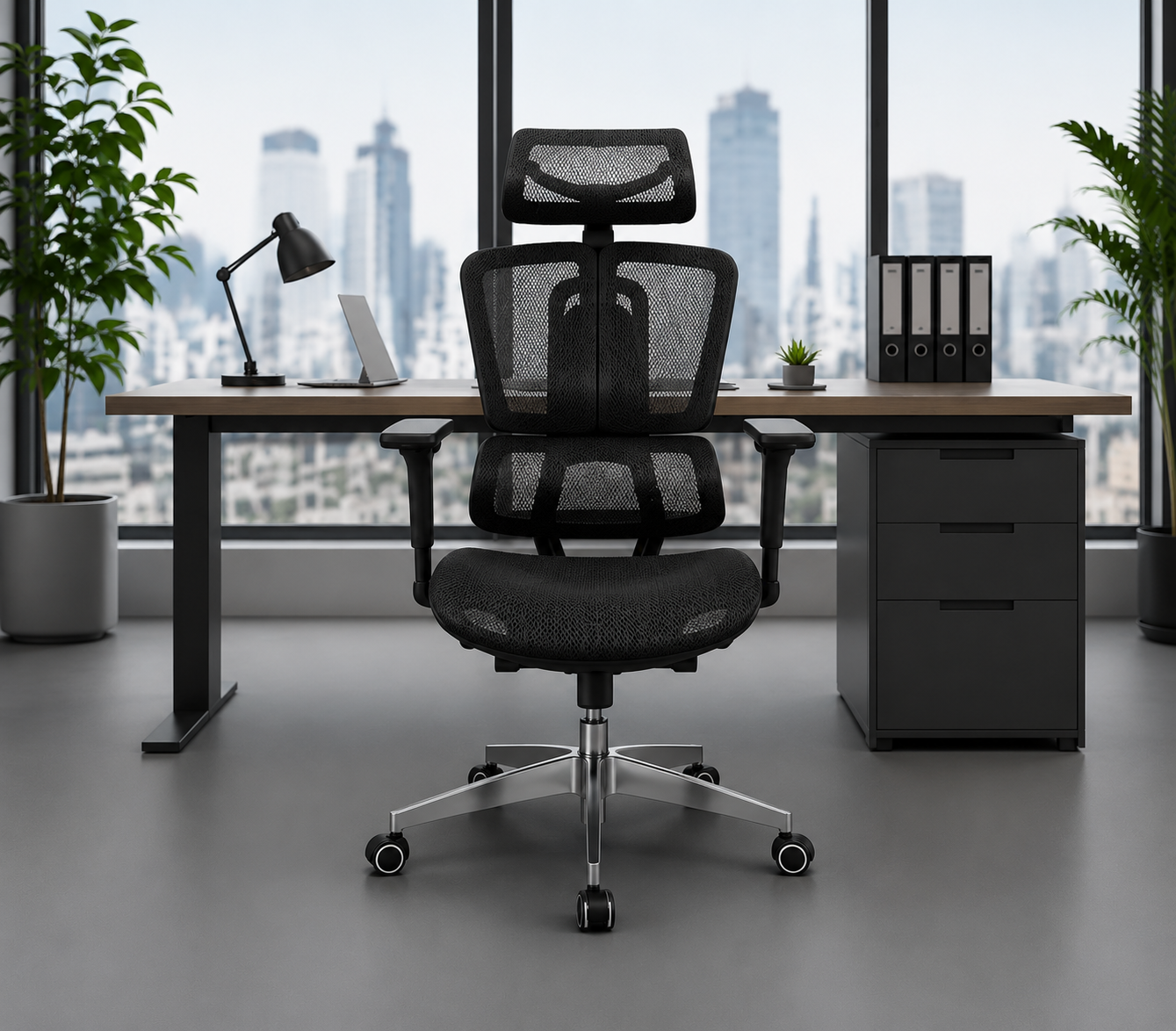 Scaun de birou ergonomic Vitaholm Master negru – în setup de birou (2)