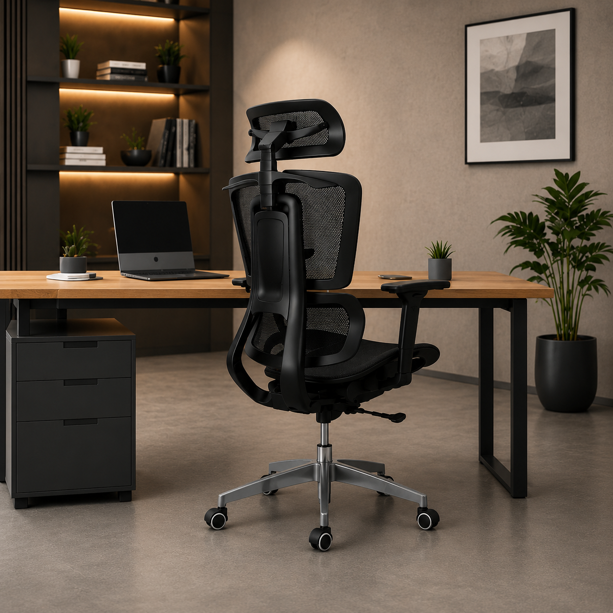 Scaun de birou ergonomic Vitaholm Master negru – în setup de birou